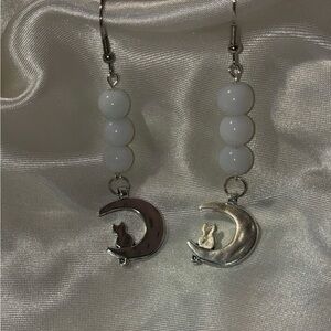 Hand Crafted Silver Crescent and White Bead Earrings